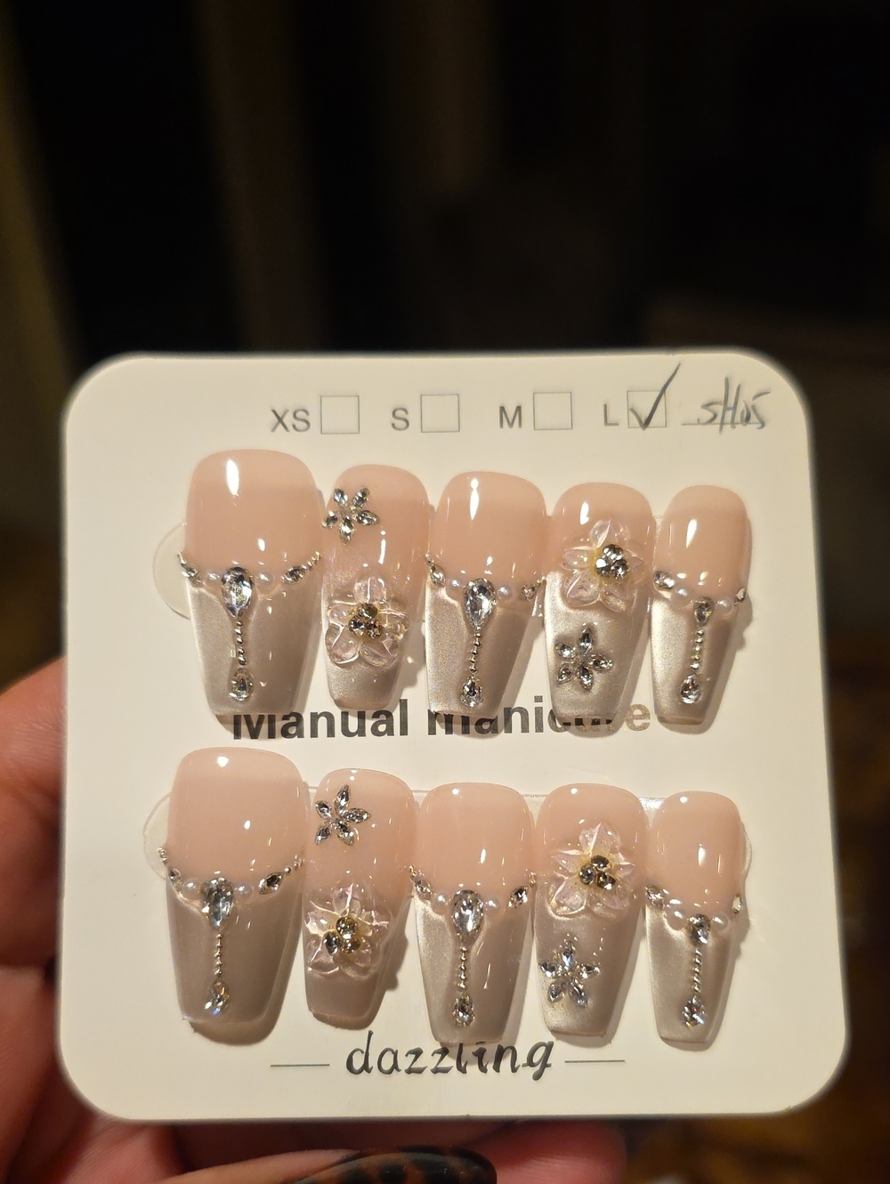 Dazzling Nude Pink Press-On Nail Set with Crystal Flowers Size Large